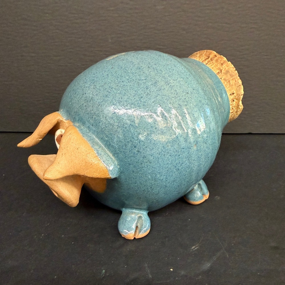 Vintage Piggy Bank with Cork Butt Blue Glazed ceramic Whimsical Pig Figurine - Picture 3 of 13